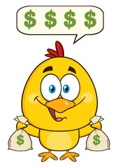 Cute Yellow Chick Cartoon Character Holding Money Bags And Talking. Hand Drawn Illustration Isolated On Transparent Background