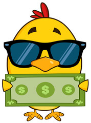 Yellow Chick Cartoon Character Wearing Sunglasses And Holding A Dollar Bill. Hand Drawn Illustration Isolated On Transparent Background