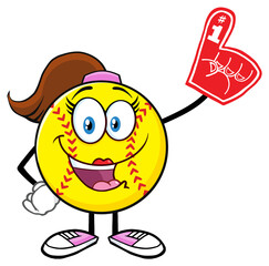 Cute Softball Girl Cartoon Mascot Character Wearing A Foam Finger. Hand Drawn Illustration Isolated On Transparent Background