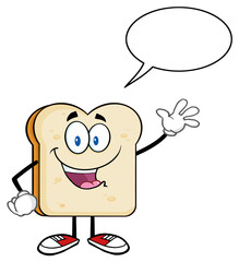 Cute Bread Slice Cartoon Character Waving For Greeting With Speech Bubble. Hand Drawn Illustration Isolated On Transparent Background