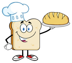 Chef Bread Slice Cartoon Character Presenting Perfect Bread. Hand Drawn Illustration Isolated On Transparent Background