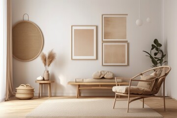 Mock up frame in beige room with natural wooden furnishings,. Generative AI