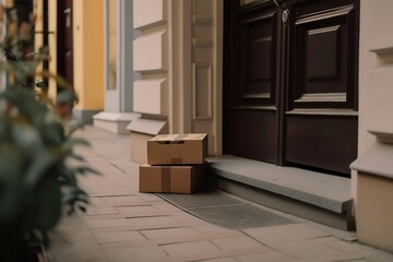 Delivery Box at Door. Business Online Shopping and Parcel Delivery
