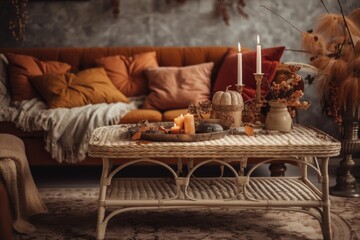 Fototapeta premium Vintage living room closeup. Sofa, autumn themed rattan table. Boho chic, autumn decor,. Generative AI