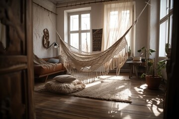 Boho hammock. Roomy. Rest and home comfort. Words. Generative AI