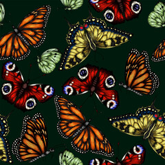 Fototapeta na wymiar Seamless vector pattern with insects. Monarch Butterfly, Peacock Butterfly, Swallowtail Butterfly, Pieridae in Engraving Style