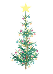 Watercolor Christmas tree with star, lights and balls