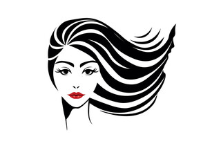 woman face. Sexy woman with red lips and long haircut. Brunette with red lips 