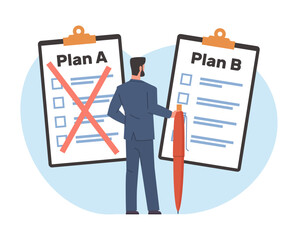 Businessman chooses new business strategy plan B. Alternative way to achieve goals. Change direction. Failure and success. Business development cartoon flat illustration. Vector concept