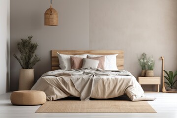 Warm neutral bedroom wall mockup with contemporary comfy decorating on empty concrete wall backdrop. Generative AI