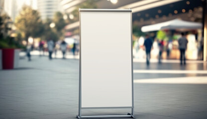 Blank roll up empty banner without alphabet design mockup, background blurred public place.