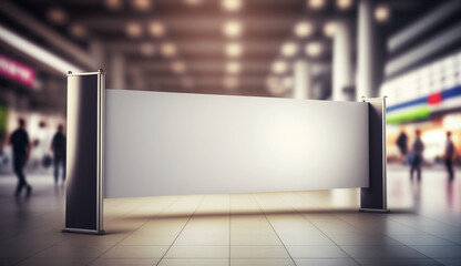 Blank roll up empty banner without alphabet design mockup, background blurred public place.