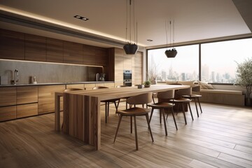 Fototapeta premium Contemporary brown wood kitchen, dining area. Dining table and chairs. Parquet. illustration. Generative AI