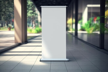 Blank roll up empty banner without alphabet design mockup, background blurred public place.