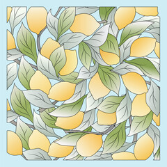 Lemon and green leaves frame, natural and fresh fruit background in  blue color, vector illustration.