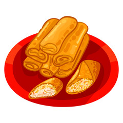 Illustration of bread roll and sauce on a white background.