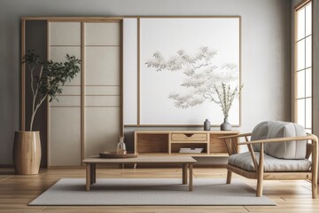 Fototapeta na wymiar Japanese living room, all white proposal draft. Hardwood dresser with frame prototype. Marmoleum. Modern decor,. Generative AI