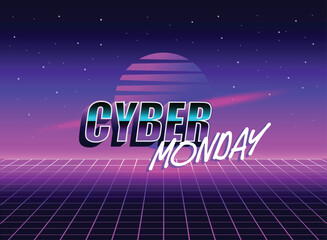 Cyber Monday Retro 80s sci-fi futuristic style background. Vector retro futuristic synth wave illustration