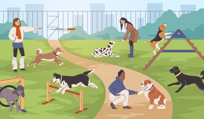 Dog training process. Owners walk their pets on dog playground with simulators, games with animals, outdoor activities, spring summer park background, tidy vector cartoon flat concept