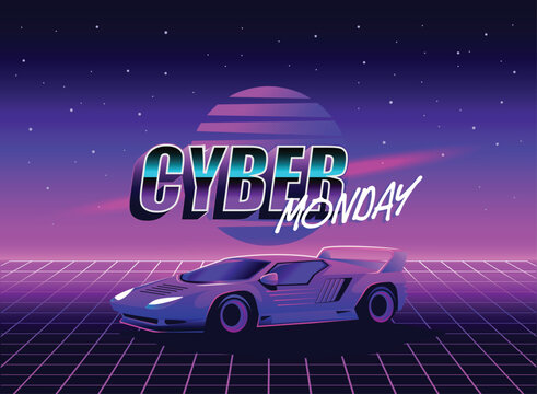 Cyber Monday Retro 80s sci-fi futuristic style background. Vector retro futuristic synth wave illustration