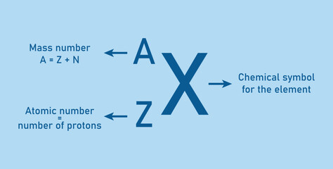 Representation of an atom. Atoms and elements. Symbol of element, mass number (protons and neutrons), atomic number (protons). Symbolic representation of an element. Vector illustration.