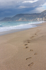 Big storm waves of Mediterranean sea on Alanya beach Turkey coast