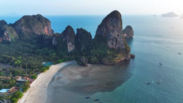 Aerial view of Railay beach with mountains in Krabi, Thailand.