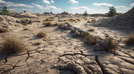 Picture of a desert landscape with cracked soil created with Generative AI technology