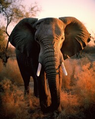 Frontal portrait of an African elephant with tusks at sunset in the Savannah created with Generative AI technology.