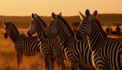 Group of zebras looking sideways at dusk in the Savannah created by Generative AI technology.
