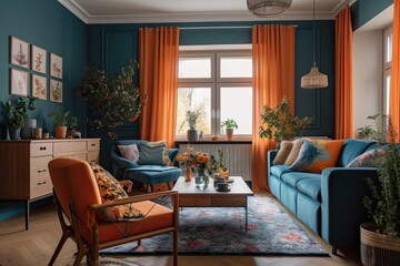 Fototapeta na wymiar Bright and pleasant living room with blue curtains, orange cushioned couch, gray armchair, and wooden table with two coffee cups. Real picture. Generative AI