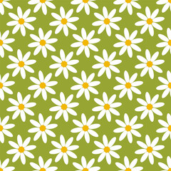 Seamless pattern with chamomile flowers on green background.