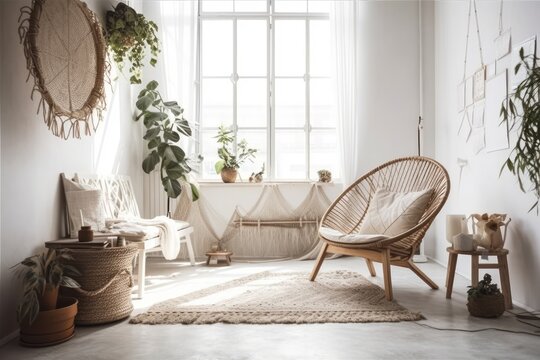 Lovely white picture zone with flora and bohemian elements. Generative AI