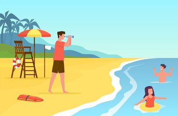 Obraz na płótnie Canvas Lifeguard on beach observes children through binoculars, ensuring safety. Kids swimming in sea. Rescue on water. Summer vacation. Cartoon flat isolated emergency character. Vector concept