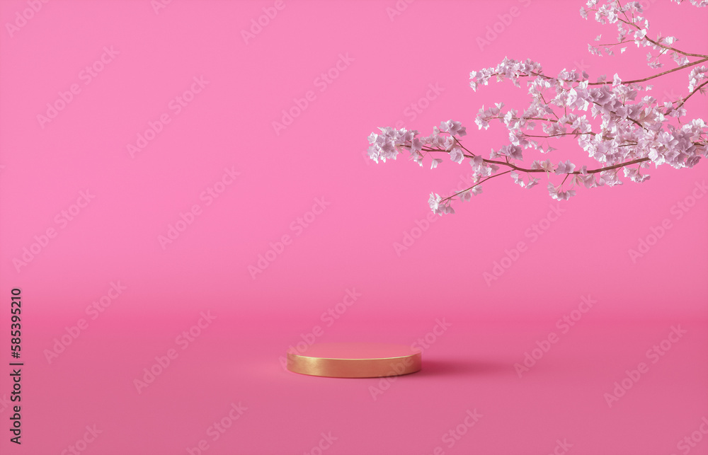 Poster natural beauty podium backdrop with spring sakura cherry blossom tree branch. 3d rendering.