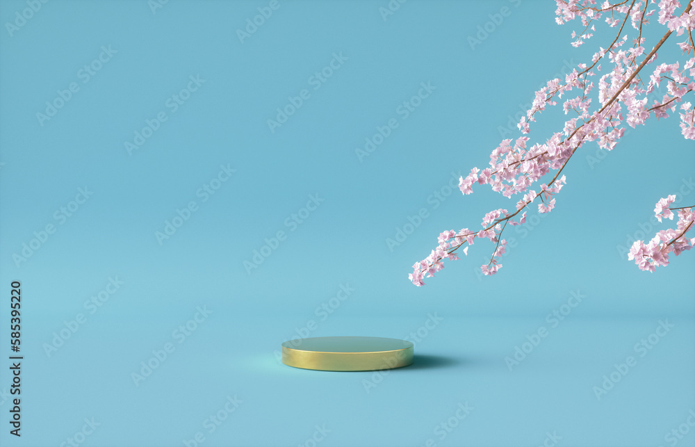 Poster natural beauty podium backdrop with spring sakura cherry blossom tree branch. 3d rendering.