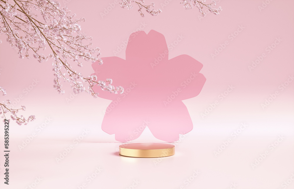 Poster natural beauty podium backdrop with spring sakura cherry blossom tree branch. 3d rendering.