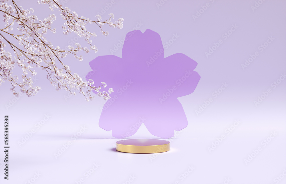 Poster natural beauty podium backdrop with spring sakura cherry blossom tree branch. 3d rendering.