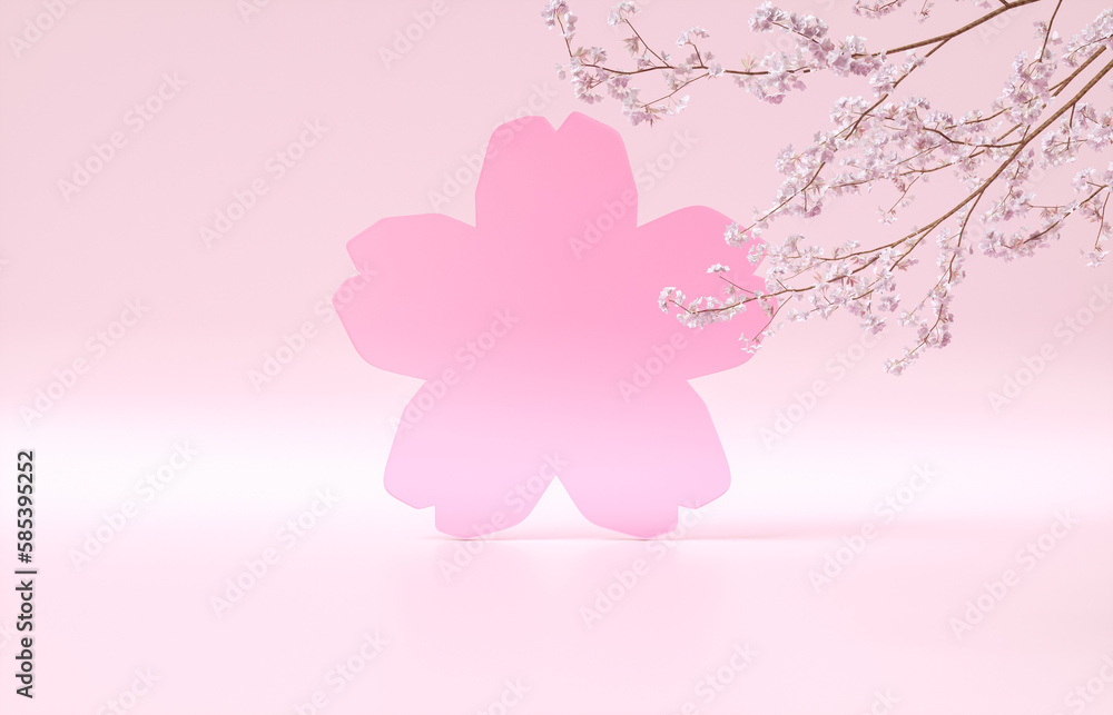 Poster natural beauty podium backdrop with spring sakura cherry blossom tree branch. 3d rendering.