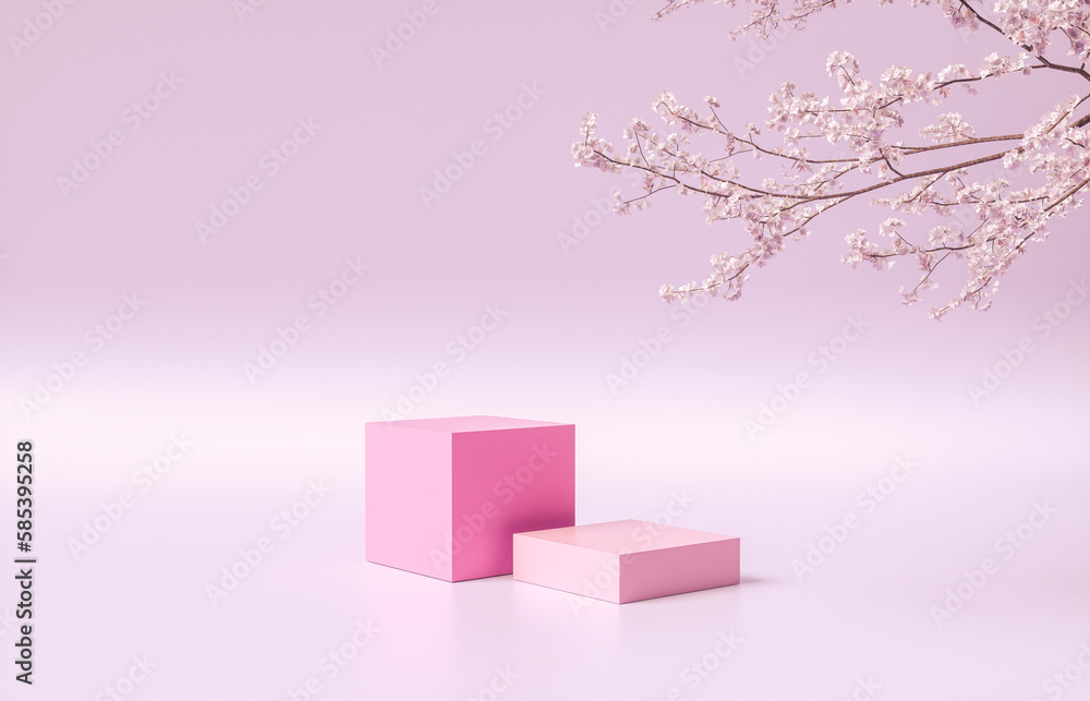 Poster Natural beauty podium backdrop with spring sakura cherry blossom tree branch. 3d rendering.