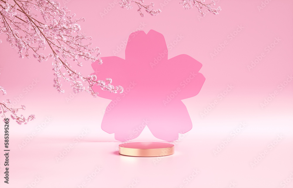 Aufkleber natural beauty podium backdrop with spring sakura cherry blossom tree branch. 3d rendering.