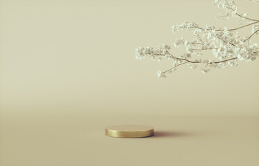 Natural beauty podium backdrop with spring sakura cherry blossom tree branch. 3d rendering.