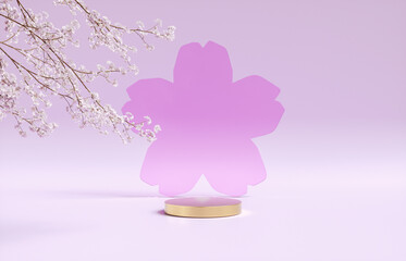 Natural beauty podium backdrop with spring sakura cherry blossom tree branch. 3d rendering.