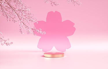 Natural beauty podium backdrop with spring sakura cherry blossom tree branch. 3d rendering.