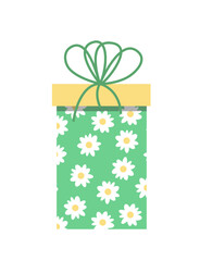 Gift box with chamomiles. Green present box with flowers and bow. Flat, cartoon, vector