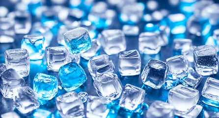 Ice cubes that have been colored blue. The ice cubes are transparent, which allows you to see their structure and texture  Generative AI.
