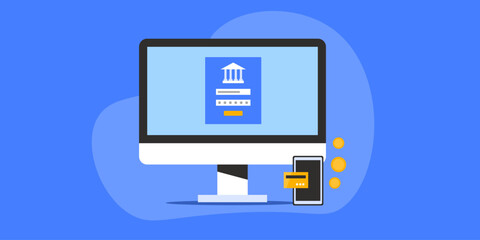 Online banking financial technology secure login to banking details, mobile payment digital wallet app, vector illustration.
