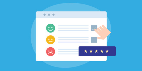 Customer satisfaction survey concept, Person hand putting check mark on positive feedback review box. Vector illustration web banner.