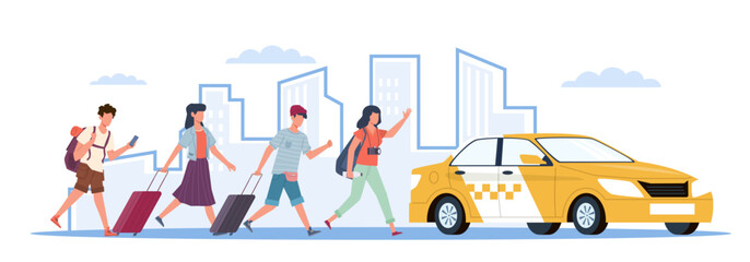 People men and women with luggage in hurry run to get cab. Taxi to airport. Yellow car, tourist late passengers. Vehicle stop. City traffic. Cartoon flat isolated illustration. Vector concept