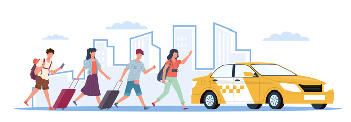 Fototapeta premium People men and women with luggage in hurry run to get cab. Taxi to airport. Yellow car, tourist late passengers. Vehicle stop. City traffic. Cartoon flat isolated illustration. Vector concept